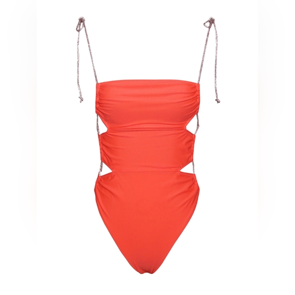 🧡Beverly Orange Red Crystal Lace Up One Piece Swimsuit - Picture 11 of 14